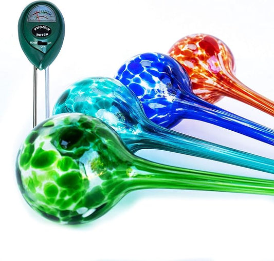 Plant Watering Globes - Plant Watering Devices - Plant Watering Bulbs - Self Watering Spikes -Decorative Hand Blown Glass - Watering Bulbs - Free Moisture Meter 4 Large Size