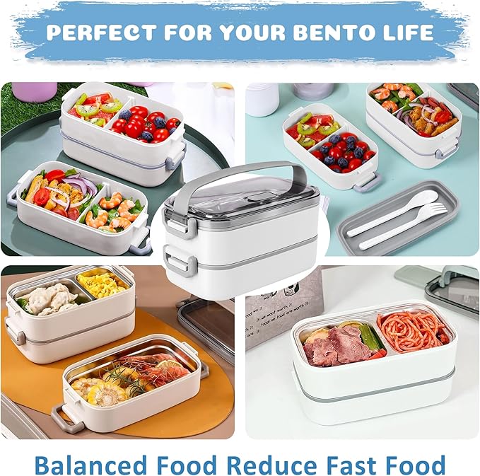 Bento Lunch Box for Kids Women Men, 47oz 2-Compartment Snack Salad Metal Food Prep Pack Container for Lunch, Stainless Steel 3 Layers Stackable Lunch Containers with Lids for Adults and Teens White