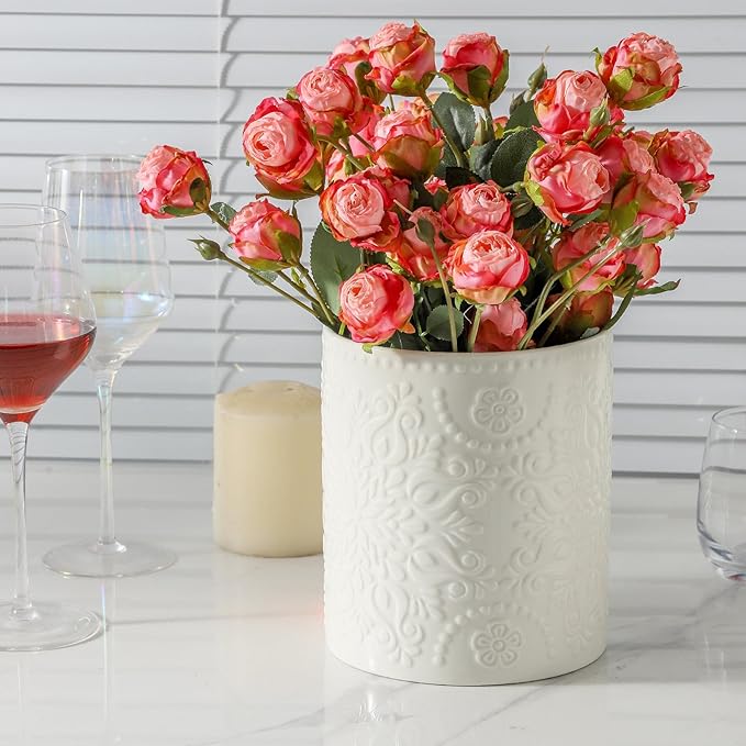 7" Relief Utensil Holder, Large Kitchen Utensil Holder Organizer , White Stable Utensil Crock Spatula Holder for Kitchen Counter Countertop Farmhouse Cooking Tools Holder with Bamboo Frame