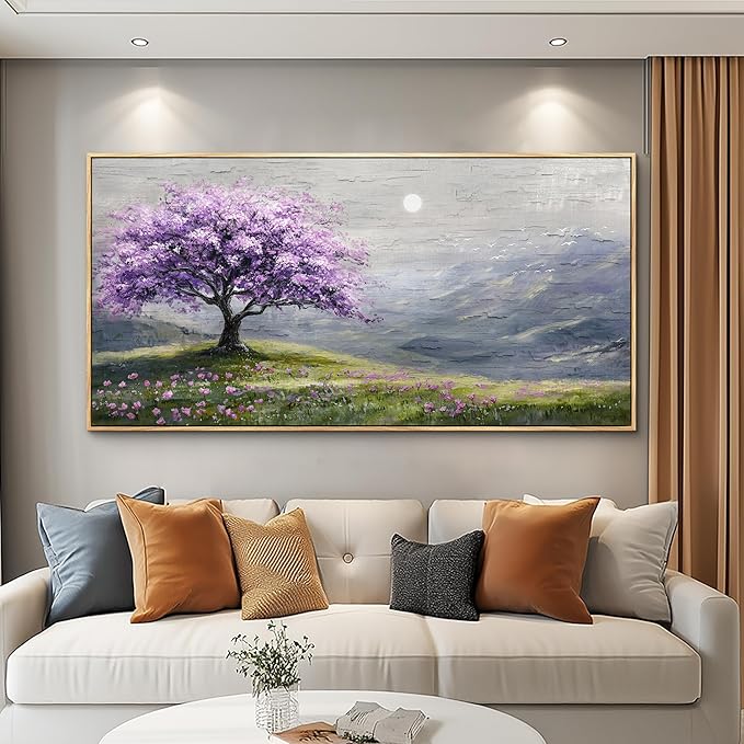 FUHAIHUA Large Wood Framed Wall Decor For Living Room Canvas Wall Art For Office Modern Wall Decorations For Bedroom Purple Tree Painting Farmhouse Pictures Artwork Room Home Decor 24x48 In