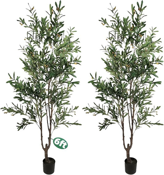 6ft Real-Touch Olive Tree 2-Pack with 1390 Leaves & 86 Olives, Artificial Olive Plant in Pot, Faux Olive Tree for Indoor Decor, Office, Mediterranean Home Decoration