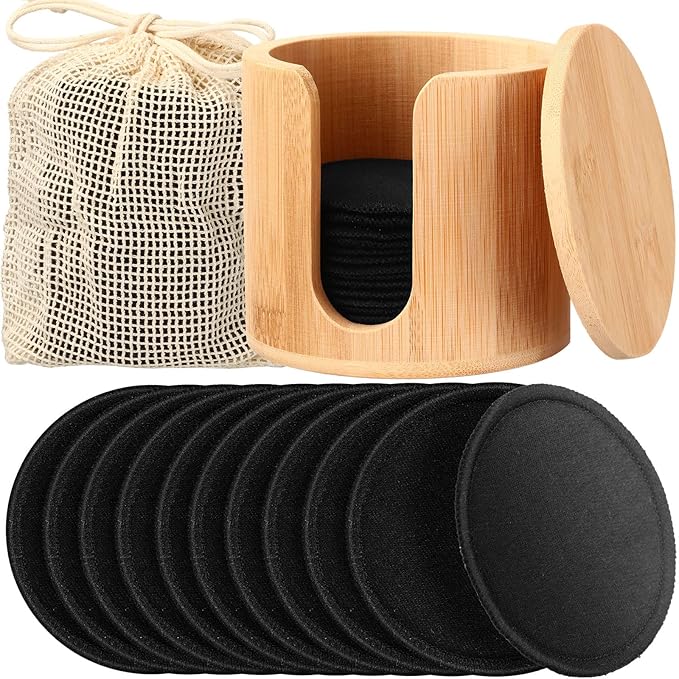 Foaincore 40 Pcs Reusable Makeup Remover Pads with Mesh Laundry Bag Washable Bamboo Cotton Rounds Soft Reusable Face Pad for Toner Skin Types with Bamboo Holder(Black)