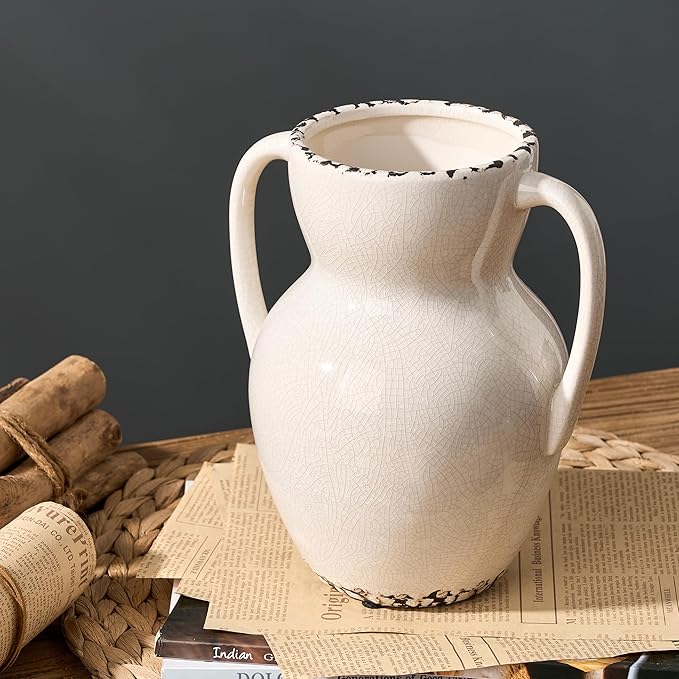 White Ceramic Rustic Vase with 2 Handles, Modern Farmhouse Round Flower Vase, Antique Decorative Vases for Home Decor, Wedding, Living Room, Shelf Decor - 8.3 Inch Tall, Ice Cracked White