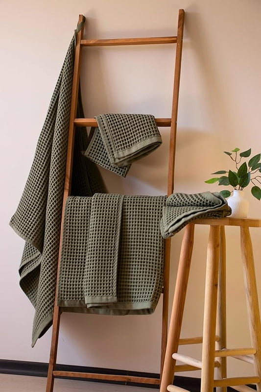 PÜSKÜL - Premium Waffle Towel Set 4 Pieces Khakie Green - Organic 100% Turkish Cotton Quick-Dry Towels for Bathroom Made in Turkiye (Khaki Green, Towel Set - 2 Hand & 2 Bath Towels)