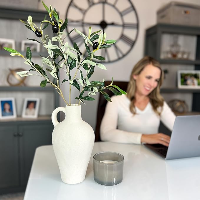 Luxurious Gift Set Textured Ceramic Vase 10 Inch with Olive Branches 22 Inch Tall White Medium Vase Artificial Topiaries Fake Plants, Minimalist Shelf Decor, Neutral Home Office High End Gifting Decor