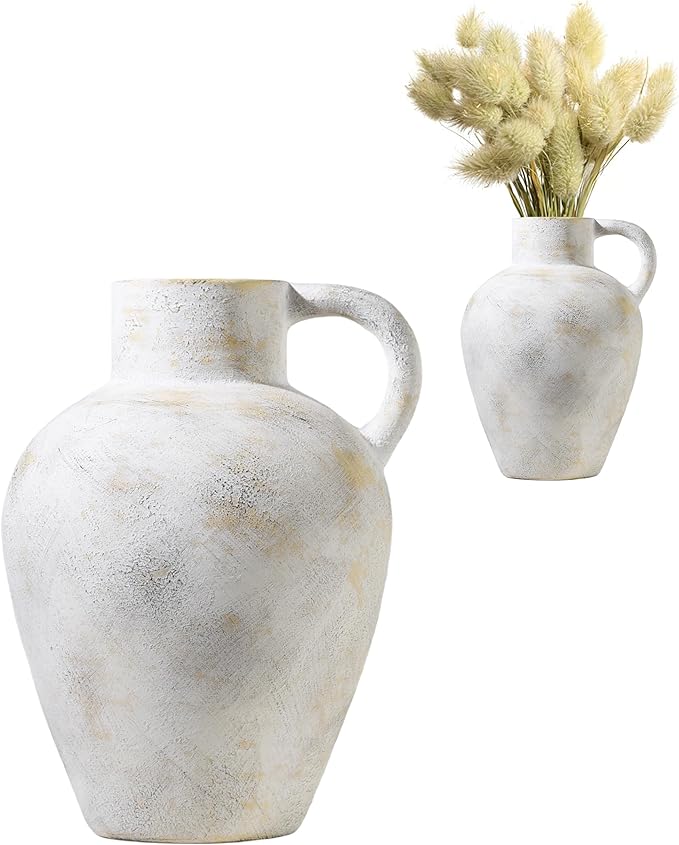 UPWOIGH Ceramic Flower Vase, 12 inch Tall Off-White Farmhouse Rustic Vase, Handcrafted Weathered Handle Pottery Vases, Large Flower Terracotta Vases for Home Decor, Living Room, Table, Shelf