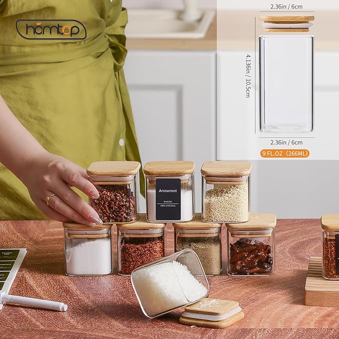 12Pcs 9oz Spice Jars Glass Container with 275 Labels, Airtight Seasoning Empty Organizer with Bamboo Lid Set for Food Storage, Salt, Sugar