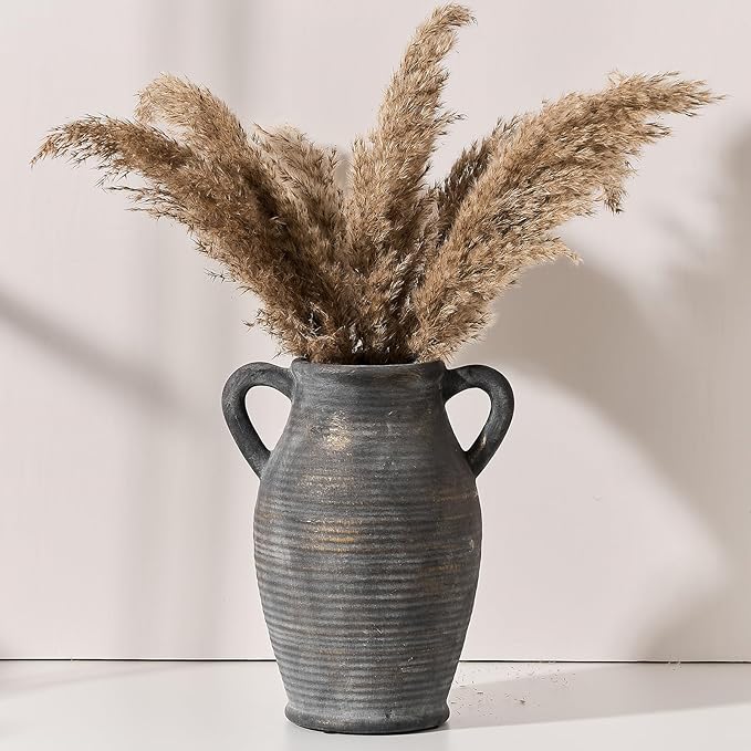 Large Ceramic Rustic Vase with 2 Handles, 9.8 inch Farmhouse Flower Vase, Minimalist for Home Decor, Living Room, Shelf Decor, Pampas Grass, Enterway, Table Decoration, Gift, Bronze