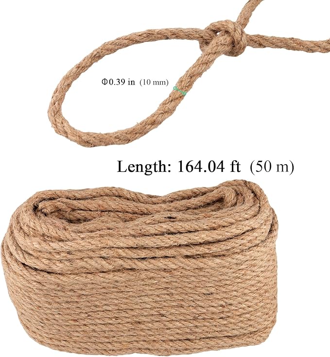 Jute Rope, 3/8 Inch x 164 Feet Thick Hemp Twine for Crafting, DIY Projects, Gardening, 10mm x 50m