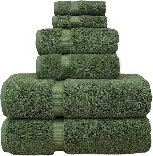 Luxury Hotel & Spa Quality, Quick Dry 100% Turkish Cotton, 700 GSM, Eco Friendly Towel, Bathroom and Kitchen Dobby Border Towels, 2-Bath Towel, 2-Hand Towel, 2-Washcloth (Bundle Set of 6, Moss)