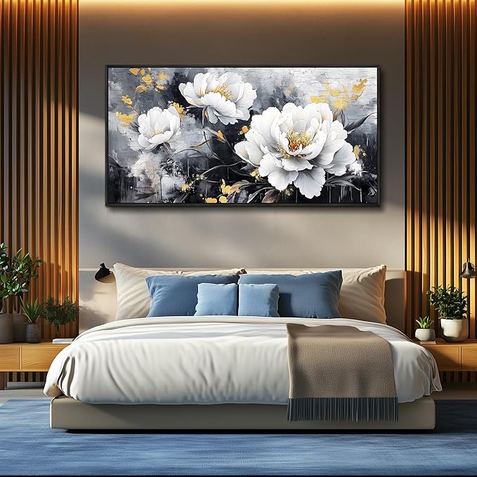 PHAOHUAXM Large Framed Canvas Wall Decor For Living Room Wall Art For Bedroom Modern Abstract Painting Ink-Wash White Flowers With Black Frames Dining Room Home Decor Print Artwork Posters 30"X60"
