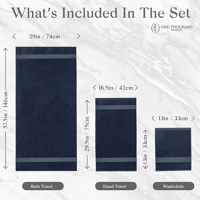 Premium Staple Cotton Bathroom Towel Set - Navy 600 GSM 6-Piece Luxury Bath Towel Set 1 Stripe - 2 Bath Towels, 2 Hand Towels & 2 Washclothes Set - High Absorbent & Quick Dry for Gym, Spa, Hotel