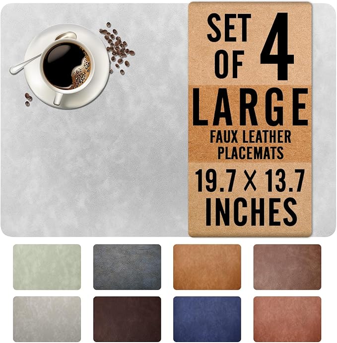UnivoColors Washed Cowhide Pattern Faux Leather Big Size Placemats Set of 4, Waterproof Easy to Clean Anti-Slip PU Table Mats for Party Decoration19.7″×13.6″,Light Grey Retro Cowhide Pattern