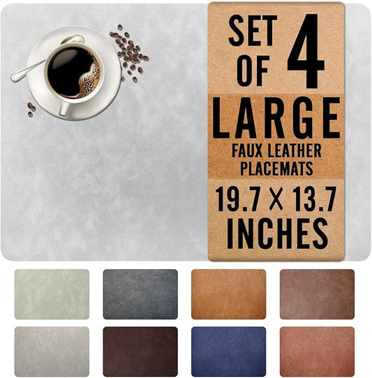 UnivoColors Washed Cowhide Pattern Faux Leather Big Size Placemats Set of 4, Waterproof Easy to Clean Anti-Slip PU Table Mats for Party Decoration19.7″×13.6″,Light Grey Retro Cowhide Pattern