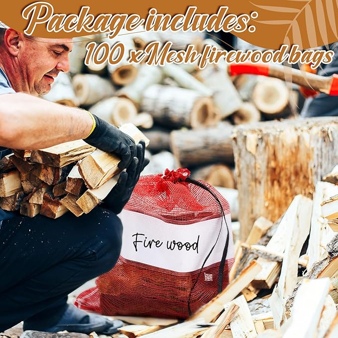 100 Pcs Onion Bags Reusable Mesh Produce Storage with Drawstring Firewood Bags Onion Potato Storage Sacks for Garden Vegetable Fruit Produce Packaging Supplies (22 x 24 Inch)