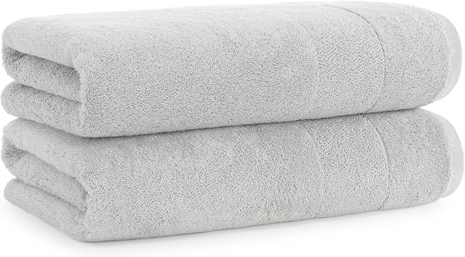 Aston & Arden Aegean Terry Bath Towels - Set of 2 - Ringspun Turkish Cotton Thick and Soft Absorbent Luxury Hotel and Spa Bathroom Towel, 600 GSM, 30 x 60 in, Light Grey