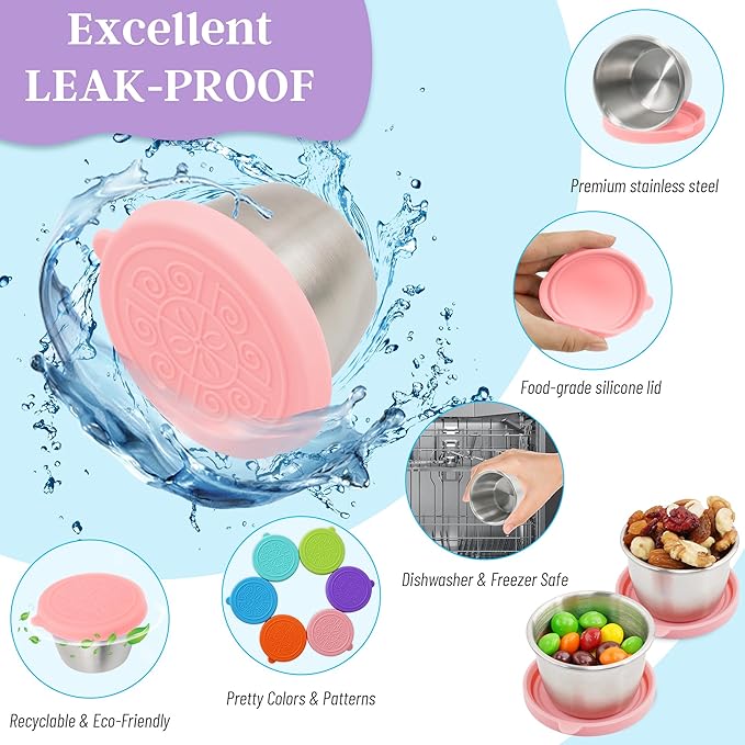 6x2.7 Oz Salad Dressing Container to Go,Handy Leakproof Stainless Steel Meal Prep Containers Reusable,Sauce Containers for Lunch Box, Picnics, Travel, Office and Kitchen Storage-Pink