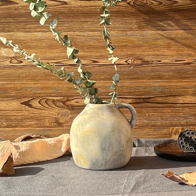 5.6 Inch Handmade Rustic Ceramic Vase with Handle, White Grey Vintage Farmhouse Vase, Pottery Flower Vase for Living Room, Office, Thanksgiving Centerpieces
