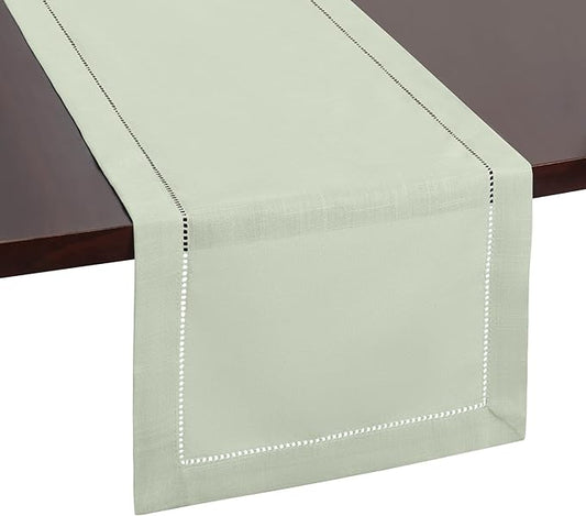 Sage Green Table Runner with Hemstitch – Light Green Runner for Farmhouse Decor, Rustic Dining Table, Dressers, and Home Decoration (14 x 108 Inches Long)