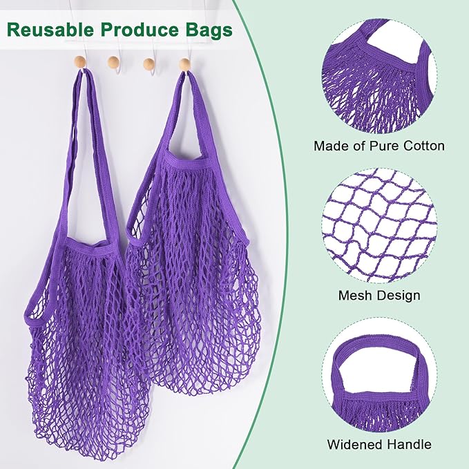 2-Pack Cotton Mesh Bag, Reusable Washable Mesh Net String Grocery Bags, Reusable Produce Bags with Handle, Net Tote Bag for Fruits/Vegetables Shopping [Purple, Long&Short Handle]