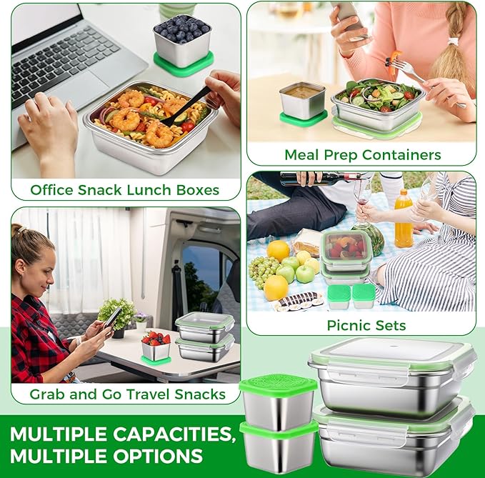 4 Pack Sandwich Containers for 25 Oz and 4 Pack Snack Boxes for 6 oz Stainless Steel Containers with Silicone Lids Reusable Metal Lunch Boxes Dishwasher Safe to Meal Prep Food Storage