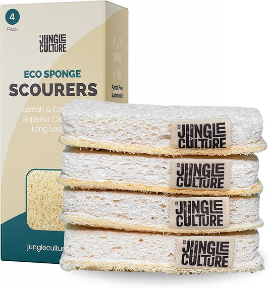 Jungle Culture Eco Sponge Set of 4 • Eco Friendly Natural Dishwashing Sponges • Non-Scratch, Biodegradable & Durable • Double Sided Loofah Kitchen Scourer • Compostable & Reusable Washing Up Sponges