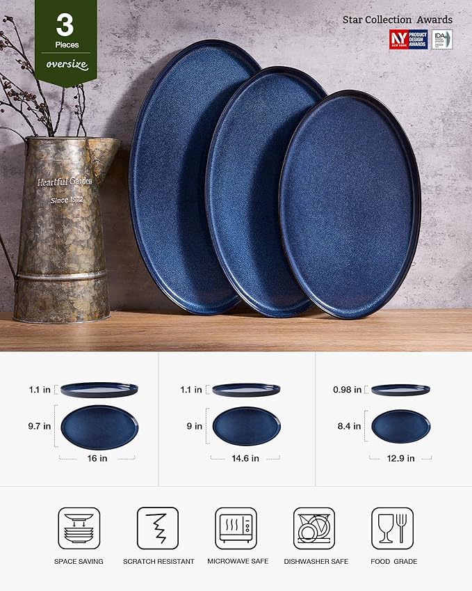 famiware Serving Platter, 16/14.6/12.9 Inch Serving Dishes for Entertaining, Party Serving Trays for Food, Buffet Oval Platters for Food, Large Plates for Bread Turkey Cheese Appetizer, Nebulas Blue