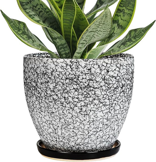 Ceramic Planter - 6.3 Inch Plant Pot for Indoor Ourdoor Plants, Round Succulent Planter, Decorative Flower Pots with Drainage Hole and Saucer, Home Desk Decor, Housewarming Gifts, White-black