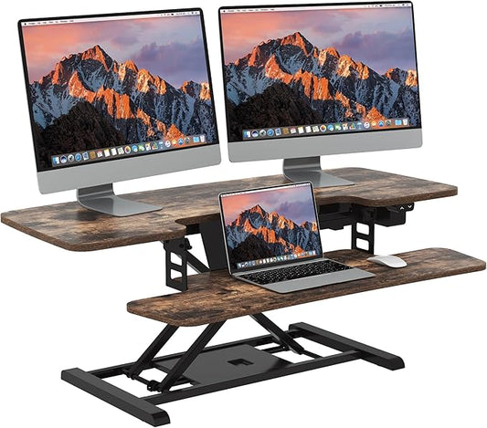 SANODESK Standing Desk Converter with Electric Motor 42" Height Adjustable Riser for Office Home,Dual Monitor and Laptop Workstation with Large Keyboard Tray, Rustic Color