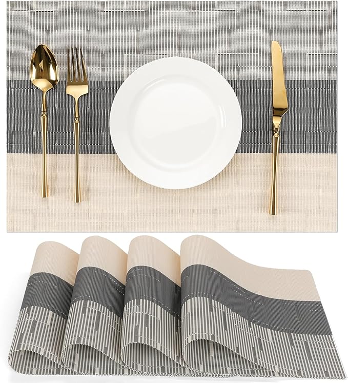 Placemats Set of 4, Vinyl Woven Place Mats Indoor Set of 4 Washable Wipeable PVC Table Mats Heat-Resistant Non Slip Placemat for Kitchen Dining Outdoor Table (Beige Dark Gray, Set of 4)