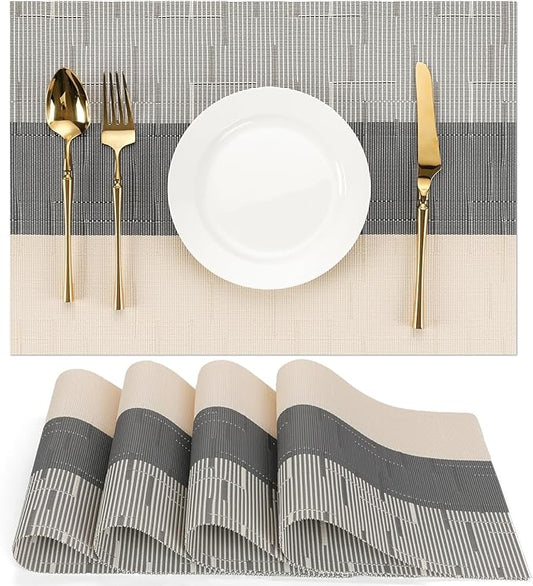 Placemats Set of 4, Vinyl Woven Place Mats Indoor Set of 4 Washable Wipeable PVC Table Mats Heat-Resistant Non Slip Placemat for Kitchen Dining Outdoor Table (Beige Dark Gray, Set of 4)