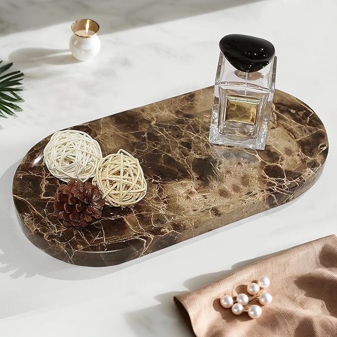 100% Real Natural Marble Tray for Bathroom, Luxury Dark Brown Stone Vanity Tray, Decorative Oval Trays for Countertop Storage, Organizer, Vanity, Dresser, Kitchen, Home Decor, 11.8" x 6", Brown