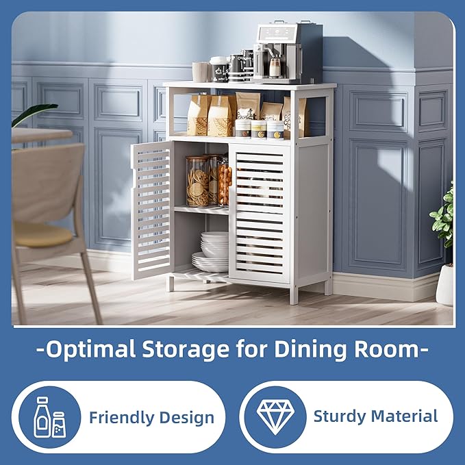 HITNET White Bathroom Cabinet, Bamboo Storage Cabinet Freestanding, Side Tall Storage Organizer for Kitchen Living Room Entryway