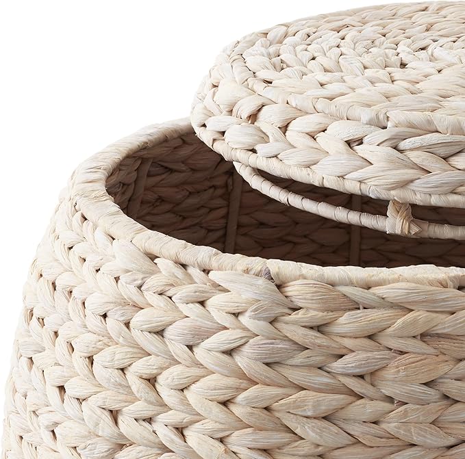 Casafield Round Storage Basket with Lid - Whitewash, Handwoven Water Hyacinth Organizer for Laundry, Blankets, Plants, Bedroom, Living Room, Home Office
