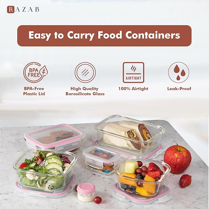 Razab 35 Pc Set Glass Food Storage Containers with Lids - Meal Prep Airtight Bento Boxes BPA-Free 100% Leak Proof (15 lids,15 glass & 5 Plastic Sauce/Dip Containers)