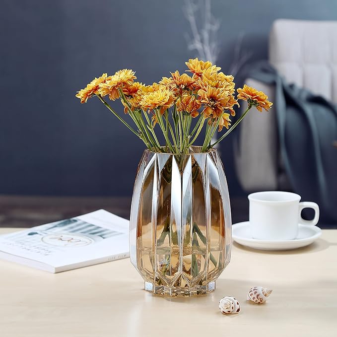 Amber Glass Vase Modern Ribbed Glass Vase for Flowers, Candles, and Decorative Accents - Tall/Short Glass Vase for Centerpieces Home Table Decor(Amber H7.87inch)