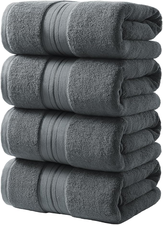 REDKISS 100% Cotton Bath Towels Set of 4, Extra Large Bath Sheets 27 X 59 Inches, 600 GSM, Quick Dry, Ultra Soft & Super Absorbent Bathroom Towel Sets for Bathroom, Gym, Spa, Pool & Hotel, Dark Grey