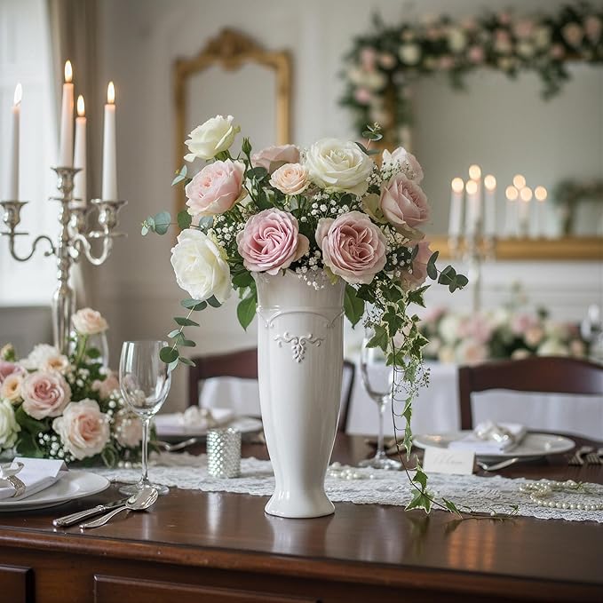 hjn White Ceramic Vase- French Flower Vase for Decor Tall Vintage Vases for Flowers/Home Decoration/Kitchen/Table/Living Room/Shelf/Mantel/Office-Height-11.6"