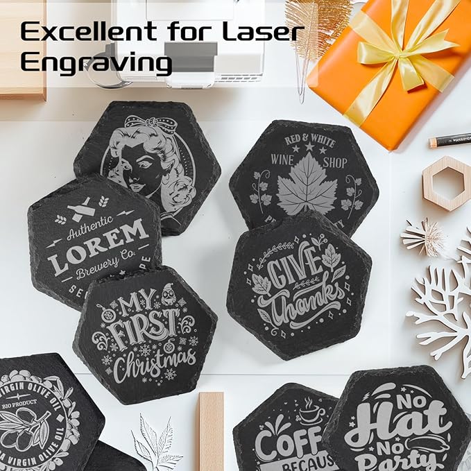 36 Pieces Slate Coasters Bulk, 4 Inch Hexagonal Blank Black Stone Coaster for Drinks Natural Handmade Hexagon Rock for Laser Engraving, Gifts, Engraver, Wedding, Christmas, Home Decor