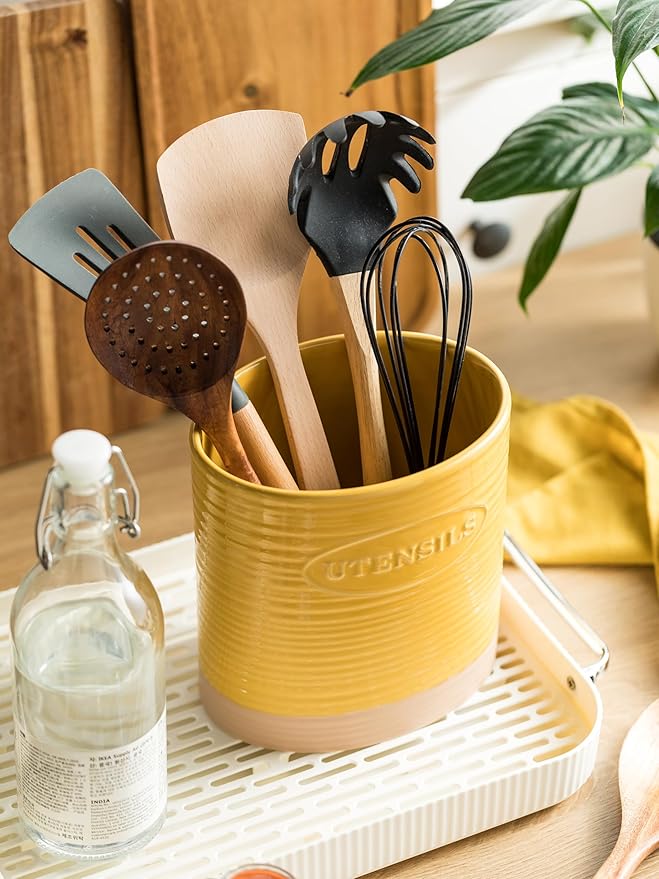 YHOSSEUN Kitchen Utensil Holder for Countertop, Ceramic Utensil Holder for Kitchen Counter, Cooking Utensil Crock for Spatula, Oval Shape, Yellow