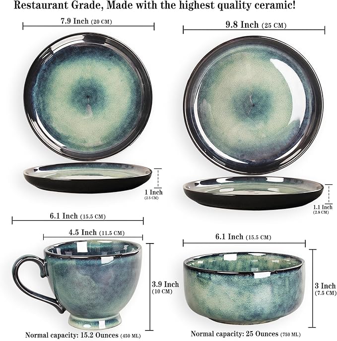 Ceramic Dinnerware (16 pcs) Serve 4 people, Plates and Bowls Sets,Handmade Reactive Glaze Dishes Set,Chip Resistant and Scratch Resistant,Dishwasher, Microwave Safe