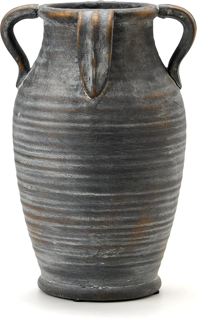 Handmade Ceramic Vase with 4 Handles, 10.83" Tall Farmhouse Rustic Terracotta Flower Vase, Vintage Vases for Home Decor, Wedding, Living Room, Table, Shelf Decor, Black Bronze