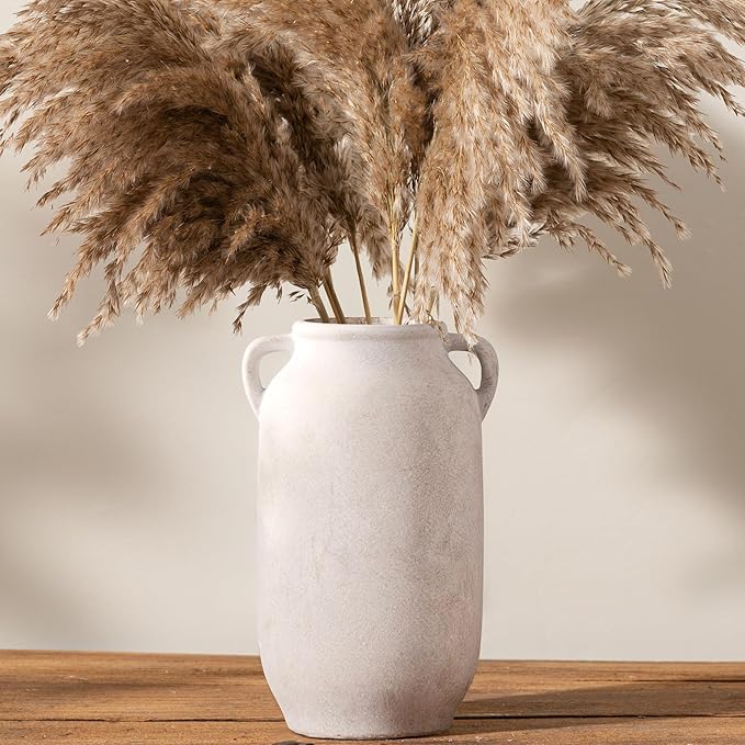 Large Flower Vase Home Decor - 12 inch Tall Ceramic Farmhouse White Rustic Table Vases with Handle Living Room Decoration Decorative Modern for Fireplace Kitchen