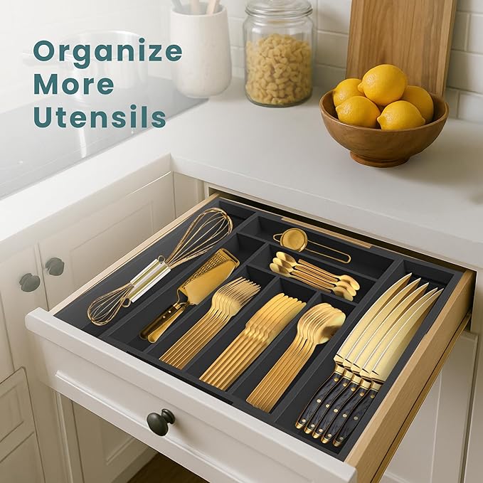 Sben Expandable Drawer Organizer for Utensils Holder, Adjustable Cutlery Tray, Wood Drawer Dividers Organizer for Silverware, Flatware, Knives for Kitchen (Black)