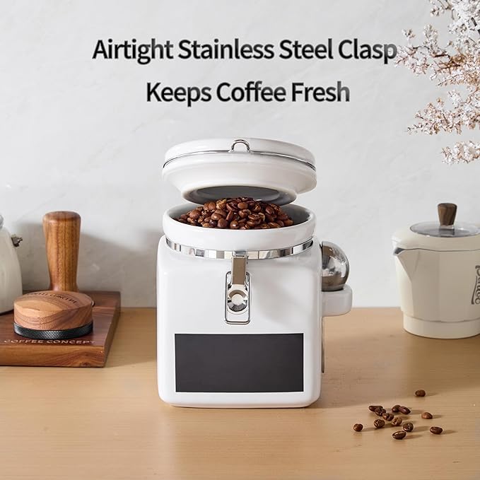 Ceramic Coffee Canister with Airtight Lid and Scoop, Large 74 Fl Oz / 2.2 L Kitchen Food Storage Container Jar for Grounds Coffee, Beans, Tea, Sugar, Flour, Cereal, Nuts, Cookie, White