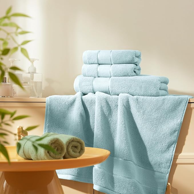 Marvione Bath Towels Set 6 Piece, 100% Turkish Cotton Highly Absorbent and Soft Towels for Bathroom 2 Bath Towels 2 Hand Towels 2 Washcloths, Light Blue