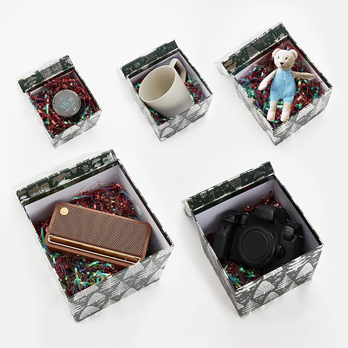 UNIQOOO 5Pcs Green Christmas Gift Box Set with Lid, Assorted Size, Square Silver Xmas Tree Nested Paper Keepsake Boxes, Card Box Tower Organizer Decor, Holiday, Thanksgiving, Party Gift Wrap Packaging