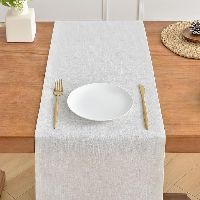 Wracra Linen Style Table Runner, Rustic Farmhouse Off White Table Runners 72 Inches Long, Handcrafted Table Runner for Fall, Winter - Everyday Use and Machine Washable