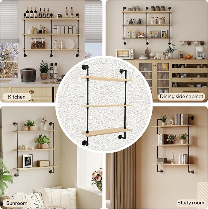 3-Tier Industrial Pipe Floating Shelf – Rustic 36 inch Wood Wall-Mounted Storage Shelf for Kitchen Office,Bathroom & Home Decor -White Oak