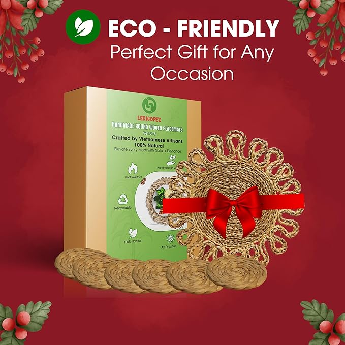 Handmade Round Woven Placemats Set of 6 – Natural Corn Husk Woven Place Mats – Heat Resistant, Non-Slip Wicker Table Mats – Rattan Round Placemats – for Dining, Weddings, Christmas & New Year Décor